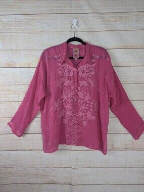 Johnny Was Size Small Hot Pink Embroidered Eye let Cutout Roll Tab Sleeve Blouse